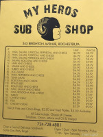 My Heroes Sub Shop menu