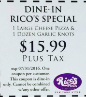 Rico's Pizza New York Style menu