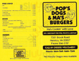 Pop's Dogs Ma's Burgers menu