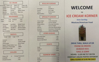 Ice Cream Korner menu