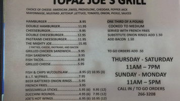 Topaz Joes Grill menu