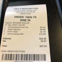 Tony's Mexican Food menu