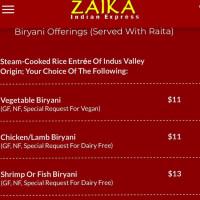 Zaika Indian Express menu