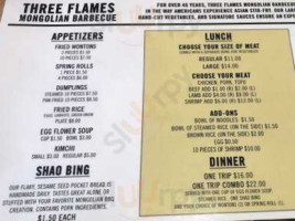 Three Flames Mongolian B-q menu