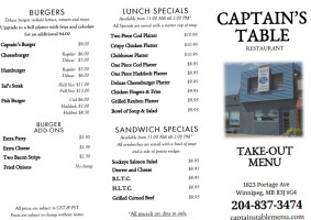 Captain's Table Restaurant menu