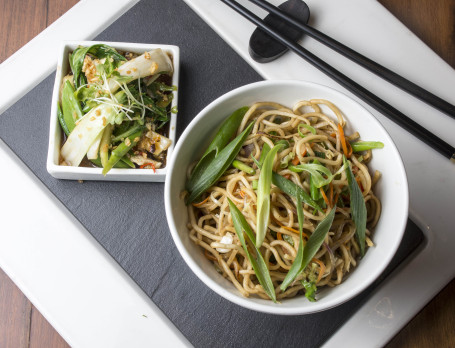 Stir Fried Asian Greens, Brown Chilli Garlic Veg Hakka Noodles