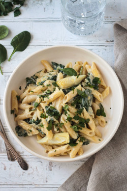 Penne With Grilled Artichoke Baby Spinach And Lemon Cream