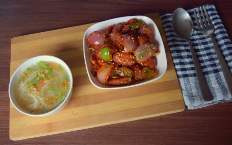 Veg Burnt Garlic Soup With Crispy Chilly Baby Corn