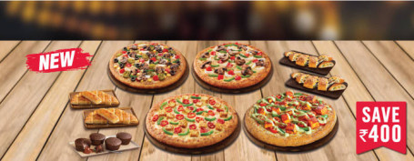 Party-Combo Mit 4 Vegetarischen Pizzasorten, Beilagen Und Dessert