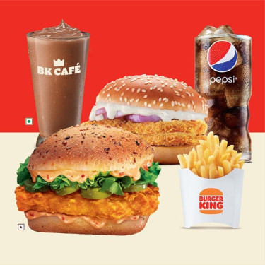 1 Knuspriges Hühnchen-Doppelpatty, 1 Feuriges Hühnchen, 1 King Fries, 1 Dicker Schokoladenshake, 1 Mittelgroße Pepsi