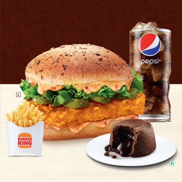 Neue Fiery Chicken Burger Medium Fries Med Pepsi Choco Lava Tasse
