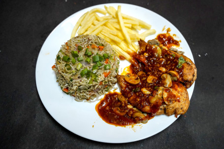 Chicken Steak With Mushroom Sauce [Served With Fried Rice French Fries]