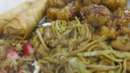 L6. Chicken Chow Mein, Pork Fried Rice, Egg Roll (2), Orange Chicken (Hot Spicy)