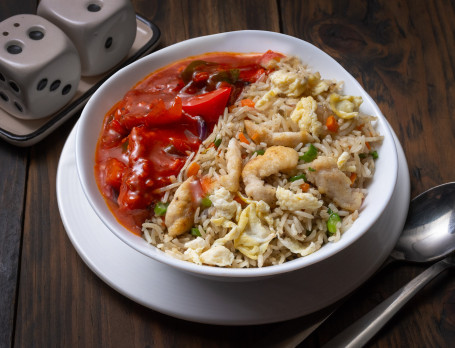 1/2 Fish In Schezwan Sauce (Gravy) 1/2 Choice Of Rice Or Noodles