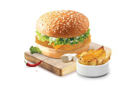 Spicy Paneer Burger Combo Burger Fries Drink