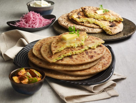 Paneer Paratha With Raita, Pickle Papad