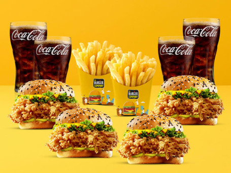 Combo For 4 4 Mr. Crunchos Chicken Burgers 2 Salted Fries 4 Coke