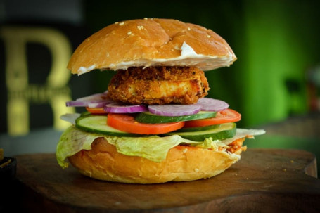 Crispy Paneer Patty Burger With Nachos