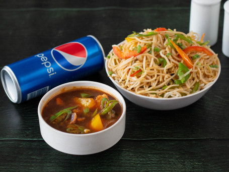 Chilli Garlic Veg Noodle With Cauliflower Manchurian +Pepsi Coke