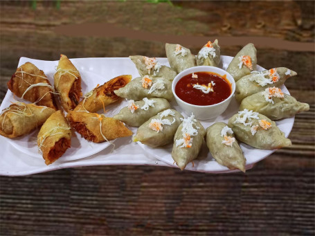 Paneer Momos 12 Pcs Paneer Spring Roll 6 Pcs Spicy Schzwan Sauce Mayonnaise Ketchup