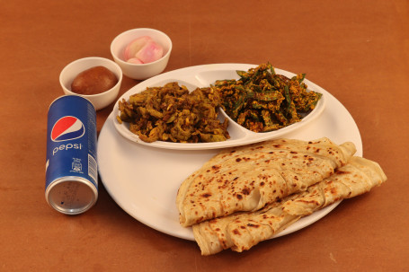 Bhindi Masala Karela Bhurji 5 Tawa Roti Sweet Onion Cold Drink Can