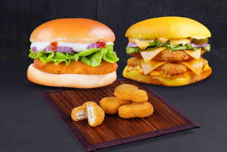 Combo Of Railway Cutlet Burger And Double Decker Chicken Burger With Free Nuggets