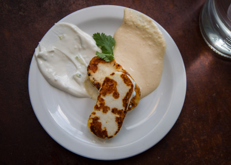 Solo Grilled Halloumi With House Humous And Tzatziki