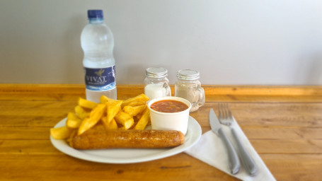 Sausage, Chips, Sauce And A Drink