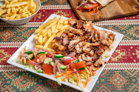 Kebab, Salad, Rice And Chips