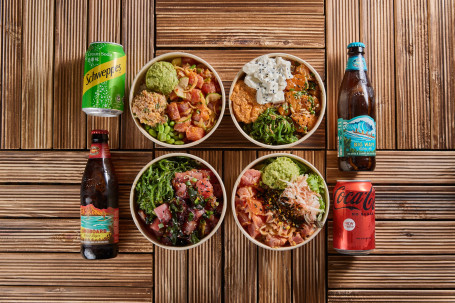 Combo For 4 Xl Poke Bowl And Drinks Tè Dà Yú Shēng Fàn Yǐn Pǐn