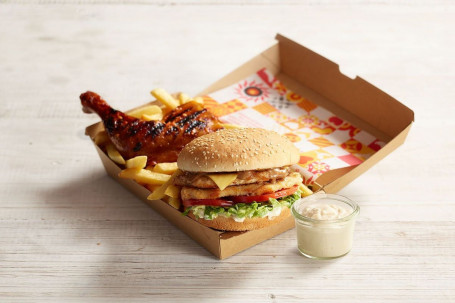 Hähnchen- und Burger-Box (6780 kJ).