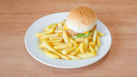 Cheese And Bacon Burger With Small Chips And Drink