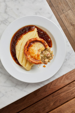 Horseradish Mash, Chicken, Mushroom And Bacon Pie , Onion Gravy