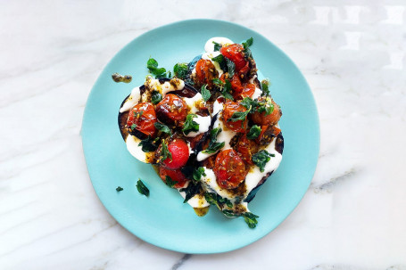 Roasted Aubergine With Feta Cream, Roasted Cherry Tomatoes And Crispy Oregano