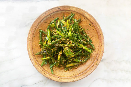 Green Beans With Cime Di Rapa, Chilli Peanuts, Walnuts And Miso Dressing