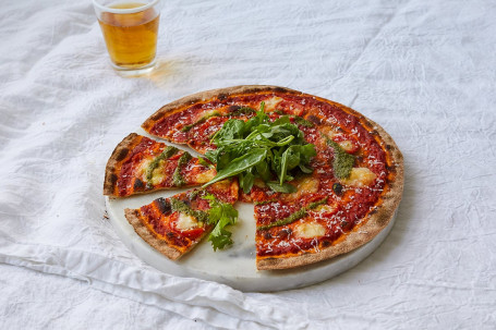 Organic Sourdough Pizza With British Mozzarella, Heritage Tomatoes House Pesto (V)