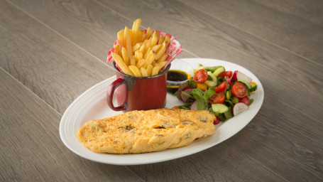 Omelette With Mushrooms Served With Chips And Salad (V)