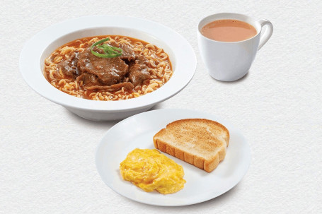 Shā Diē Niú Ròu Jí Shí Miàn． Pèi Shí Pǐn、 Duō Shì、 Chá Fēi Satay Beef W Instant Noodles． W Food． W Toast． W Tea Or Coffee