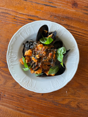 Squid Ink Linguine, King Prawns, Mussels Smoked Chilli