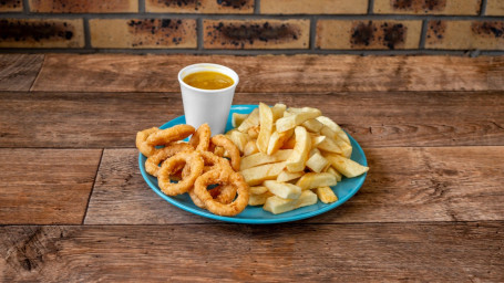 Eight Onion Rings Chips Curry Sauce Or Gravy Or Mushy Peas