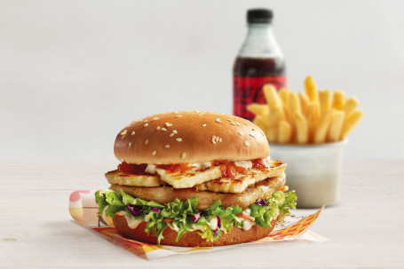 Halloumi- Und Chicken-Burger-Mahlzeit (5310 Kj).