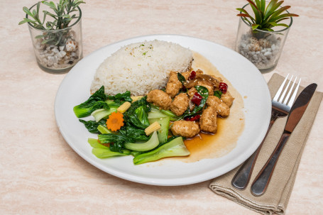 Stir Fried Veggie Chicken In Three Cup Sauce With Rice