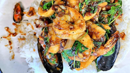 Seafood Ka Pow Over Rice